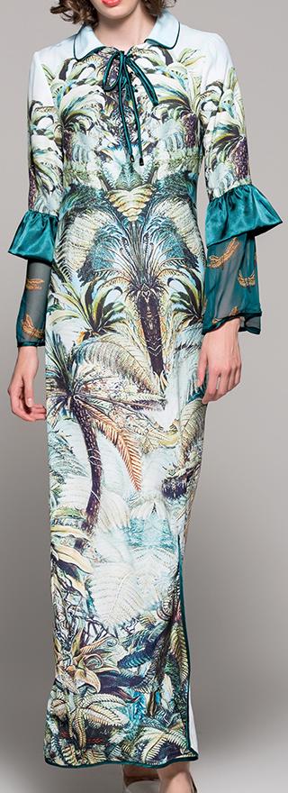 Printed Flared-Sleeve Maxi Dress