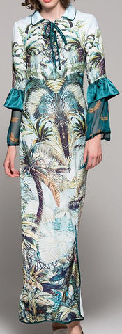 Printed Flared-Sleeve Maxi Dress