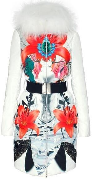 Fur-Hooded Floral Printed Belted Puffer Down Coat - DESIGNER INSPIRED FASHIONS