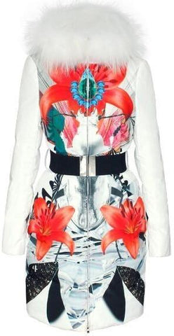 Fur-Hooded Floral Printed Belted Puffer Down Coat - DESIGNER INSPIRED FASHIONS