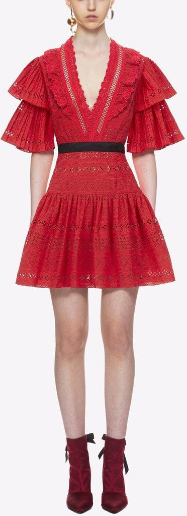 Broderie Anglaise Stripe Dress in Red
