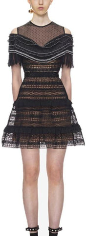 Black Stripe Paneled Lace Dress
