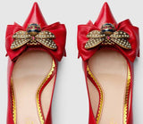 Leather Mid-Heel Pump with Bow - Black, Red, White