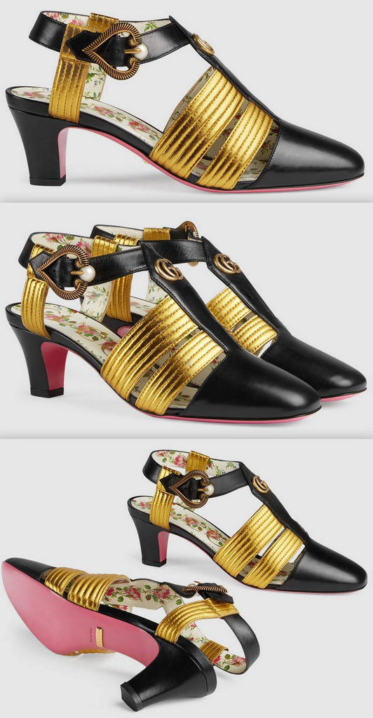 Leather Mid-Heel T-Strap Sandal - Black and Gold