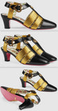 Leather Mid-Heel T-Strap Sandal - Black and Gold
