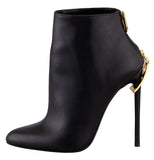 Black Zipper-Heel Leather Ankle Boot