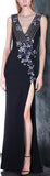 Black Floral-Embroidered V-Neck Sleeveless Gown
