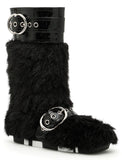 Patent Leather Buckled Fur Boots, Black