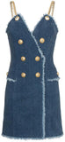Frayed Denim Mini Dress with Chain Straps