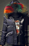 Rainbow Fur-Hooded Puffer Jacket - Champagne, Black, Blue or White