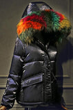 Rainbow Fur-Hooded Puffer Jacket - Champagne, Black, Blue or White
