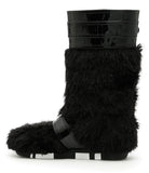 Patent Leather Buckled Fur Boots, Black