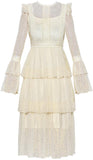 Lace-Tiered Long Sleeve Midi Dress, Cream