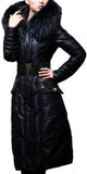 Belted Black Fur-Hooded Feather Down fill Coat