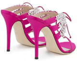 Satin Mule Sandals with Crystals - Nude, Fuchsia Pink, Black or Light Blue