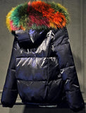 Rainbow Fur-Hooded Puffer Jacket - Champagne, Black, Blue or White