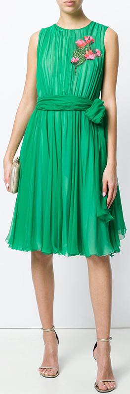 Floral-Appliques Chiffon Dress, Green