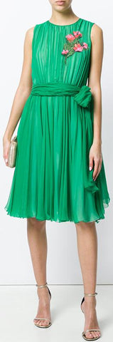 Floral-Appliques Chiffon Dress, Green