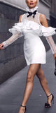 Ruffle Cold-Shoulder High-Neck Stretch Mini Dress