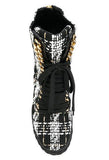 Tweed Lace-Up Wedged Boots - Multi or Black & White