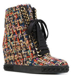 Tweed Lace-Up Wedged Boots - Multi or Black & White
