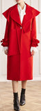 Ruffled-Trim Wool-Blend Red Trench Coat