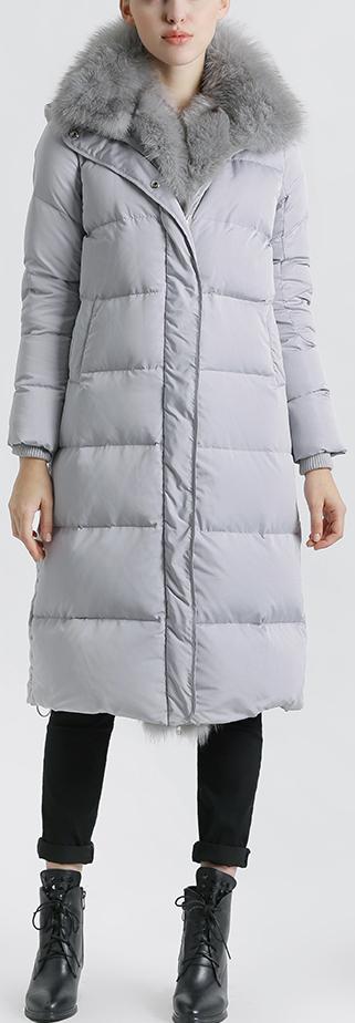 Fox Fur Trimmed Paneled Puffer Coat, Grey