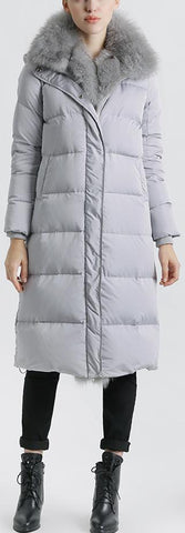 Fox Fur Trimmed Paneled Puffer Coat, Grey