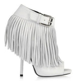 Open-Toe Fringed Suede Booties - Black or White