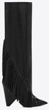 Fringed Knee-High Boots in Black Leather