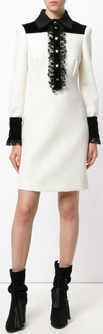Lace Trimmed Long-Sleeve Dress, White