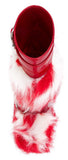 Patent Leather Buckled Fur Boots, Red & White