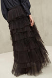 Pleated Tulle Feather Flounces Long Skirt, Black
