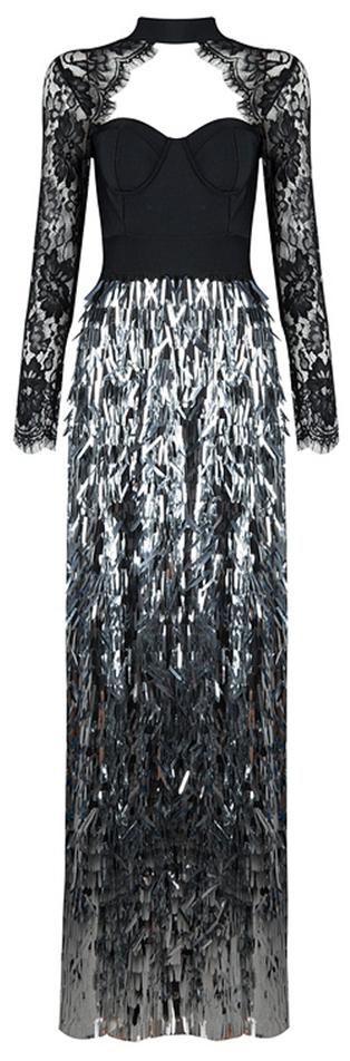 Embellished Lace-Sleeved Bustier-Bandage Gown-Black/Silver