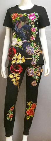 Embellished Top & Pants with Appliques-Extended Sizes