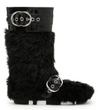 Patent Leather Buckled Fur Boots, Black