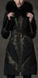 Belted Metallic-Lace-Paneled Puffer Coat with Fox Fur Trim