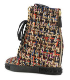 Tweed Lace-Up Wedged Boots - Multi or Black & White