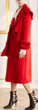 Ruffled-Trim Wool-Blend Red Trench Coat