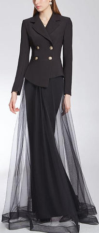 Asymmetrical Double-Breasted Blazer and Long Tulle Overlay Skirt - Black or Red