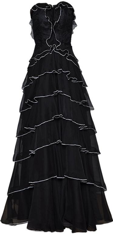 Ruffle Tiered Lace & Voile Strapless Gown, Black