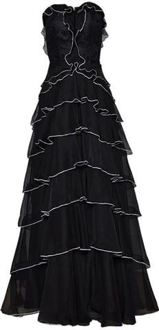 Ruffle Tiered Lace & Voile Strapless Gown, Black