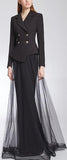 Asymmetrical Double-Breasted Blazer and Long Tulle Overlay Skirt - Black or Red