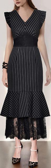 Black Lace-Detail Pinstripe Dress