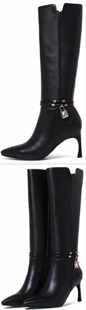 Black Mid-Calf Leather Boots with Locket