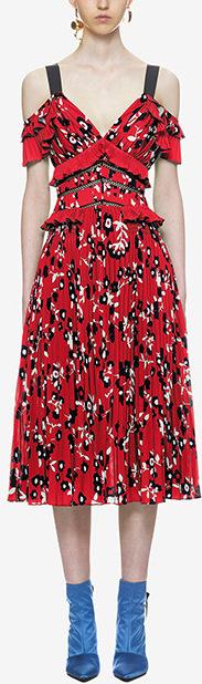 Cold-Shoulder Floral Printed Dress, Red