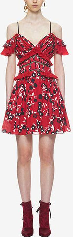 Cold-Shoulder Floral Printed Mini Dress, Red