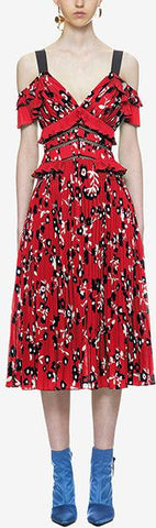 Cold-Shoulder Floral Printed Dress, Red