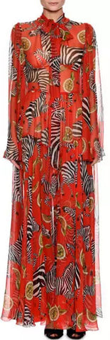 *Extended Sizes* Tie-Neck Zebra and Orange Print Chiffon Gown
