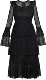 Lace-Tiered Long Sleeve Midi Dress, Black